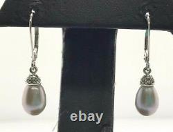 Boucles D'oreilles 14k Blanc Or Blanc Gris Briolette Perle Diamant Accent Drop Dangle