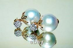 Boucles D'oreilles 14k Gold Gray Diamond Cluster South Sea Pearl