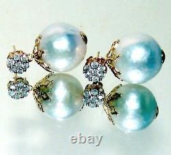 Boucles D'oreilles 14k Gold Gray Diamond Cluster South Sea Pearl