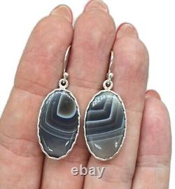 Boucles d'oreilles en agate du Botswana, argent sterling, pierre précieuse à bandes brunes, grises et blanches