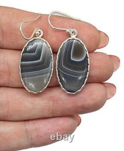 Boucles d'oreilles en agate du Botswana, argent sterling, pierre précieuse à bandes brunes, grises et blanches