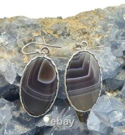 Boucles d'oreilles en agate du Botswana, argent sterling, pierre précieuse à bandes brunes, grises et blanches