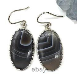 Boucles d'oreilles en agate du Botswana, argent sterling, pierre précieuse à bandes brunes, grises et blanches