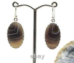 Boucles d'oreilles en agate du Botswana, argent sterling, pierre précieuse à bandes brunes, grises et blanches