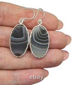 Boucles d'oreilles en agate du Botswana, argent sterling, pierre précieuse à bandes brunes, grises et blanches