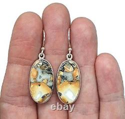 Boucles d'oreilles en jaspe Maligano, argent sterling, de forme ovale longue, pierres précieuses orange et grise