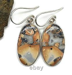 Boucles d'oreilles en jaspe Maligano, argent sterling, de forme ovale longue, pierres précieuses orange et grise