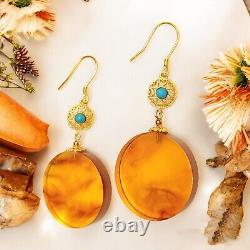 Boucles d'oreilles pendantes rondes en ambre 925 ARGENT STERLING Bijoux en pierres naturelles cadeau