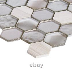 Carrelage en mosaïque en verre métallique gris et blanc en chêne gris et marbre hexagonal