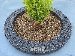 Cercle de jardin de 80 cm en pierres de brique grises pour contourner les arbres et les bordures de pelouse en granit gris.
