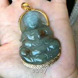 Certifié 14k Solid Gold Quan/kwan Yin Lady Bouddha Pendentif Jade Naturel P120