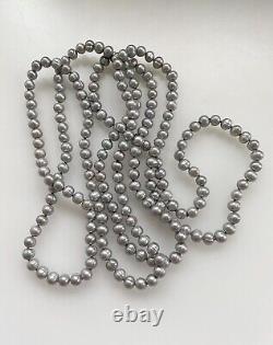 Collier de perles Flapper en argent sterling métallique gris argenté de domaine vintage