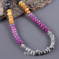 Collier de perles de saphir multicolore naturel et de diamants bruts gris en forme de nuggets