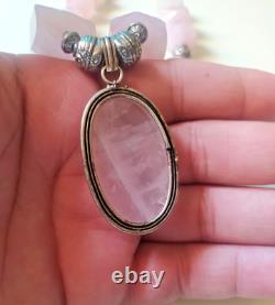 Collier pendentif en argent sterling victorien ancien avec pierre de quartz rose