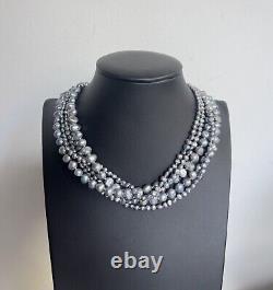 Collier vintage à plusieurs rangs de perles baroques en argent métallique gris argenté 17.5'