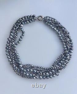 Collier vintage à plusieurs rangs de perles baroques en argent métallique gris argenté 17.5'