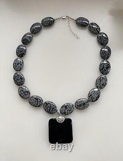 Collier vintage en obsidienne flocon de neige en argent sterling et pendentif carré en obsidienne 19