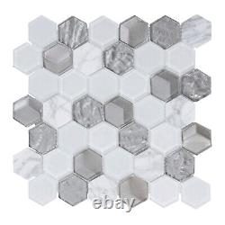 Hexagon Blanc Carrara Pierre De Marbre Métallisé Verre Gris Mosaïque Dosseret