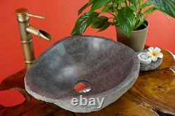 Lavabo en pierre naturelle de 55 cm de diamètre, évier en pierre grise de grande taille, neuf pour salle de bain
