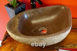 Lavabo en pierre naturelle de 55 cm de diamètre, évier rond en pierre grise pour salle de bains, neuf