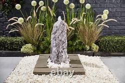 Monolithe de marbre gris ombragé de 50cm avec fontaine solaire en pierre naturelle