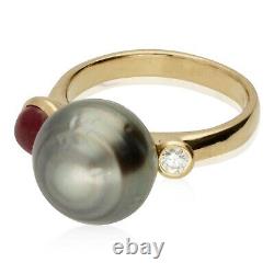 Occasion 18ct Rose Gold Tahitian Pearl, Ruby & Diamond 3 Stone Ring