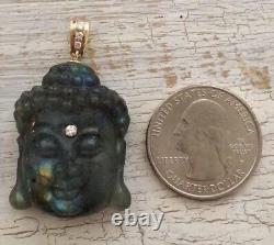Pendentif Sculpté De Bouddha Labradorite Avec L’or Jaune De 14k Et La Caution De Diamant