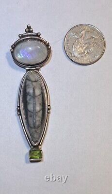Pendentif en argent sterling du Mexique vintage avec véritable grande agate, pierre de lune et péridot.