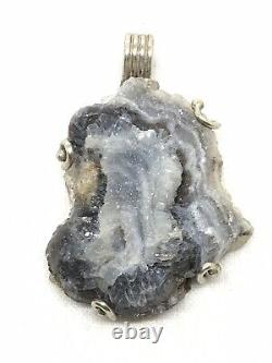 Pendentif en pierre de quartz gris druzy naturelle en argent 925 fait main de style vintage