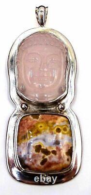 Pendentif en tête de Bouddha en argent sterling 925 avec quartz rose et jaspe