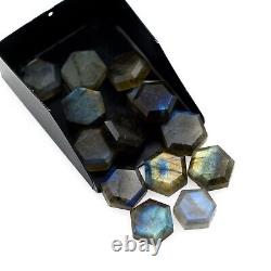 Pierre de labradorite hexagonale en cabochon de feu bleu de 12 mm, coupe facettée brillante