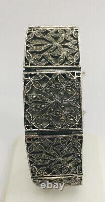 Propriété Magnifique Ornate Sterling Argent Marcasite Floral Bracelet De Panneau 6,5