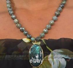 Raretés Collier à pendentif en perles de labradorite gris-vert plaqué or 20 #2 NEUF
