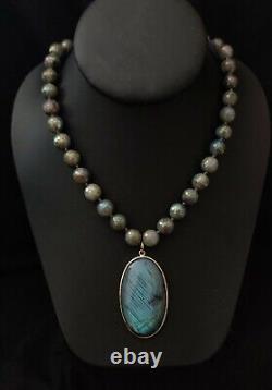 Raretés Collier à pendentif en perles de labradorite gris-vert plaqué or 20 #2 NEUF